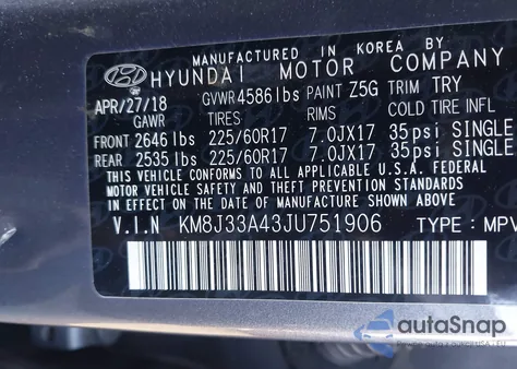 2018 Hyundai Tucson Sel z USA, uszkodzony, nr VIN KM8J33A43JU751906